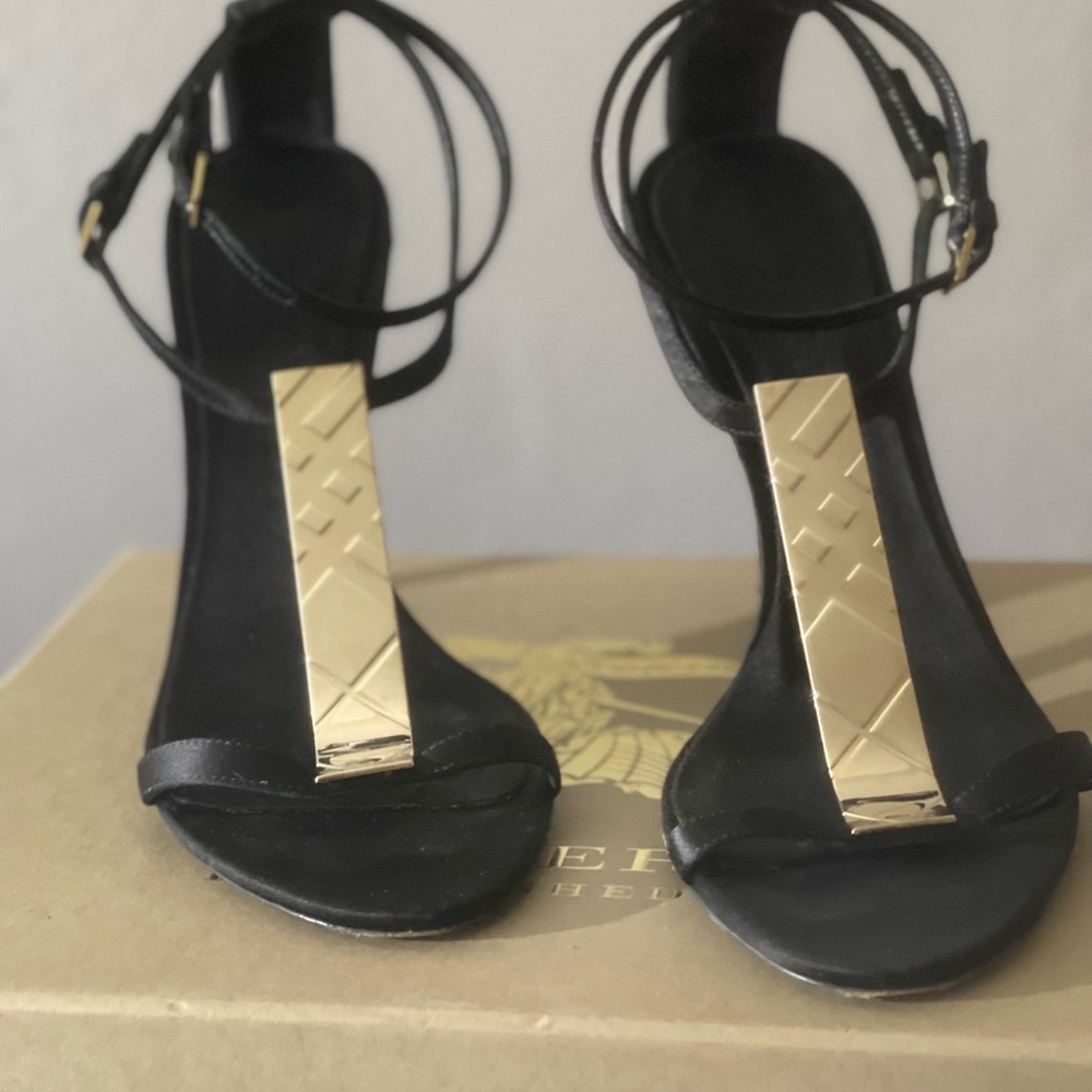 Black Satin with Gold signature hardware sandal heel